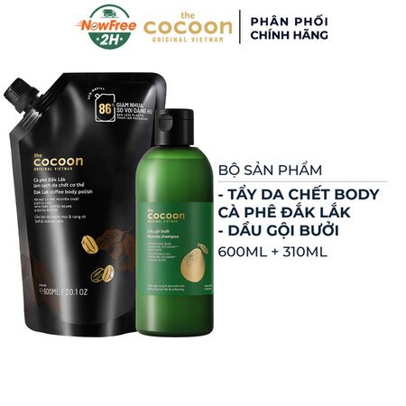 Combo Cocoon Túi Refill Tẩy Da Chết Toàn Thân Cà Phê Đắk Lắk + Dầu Gội Bưởi 600ml+310ml 02