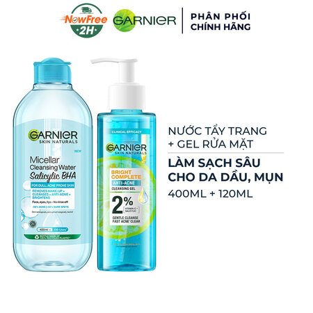 Combo Garnier Nước Tẩy Trang 400ml + Gel Rửa Mặt 120ml Làm Sạch Sâu Cho Da Dầu Mụn 01